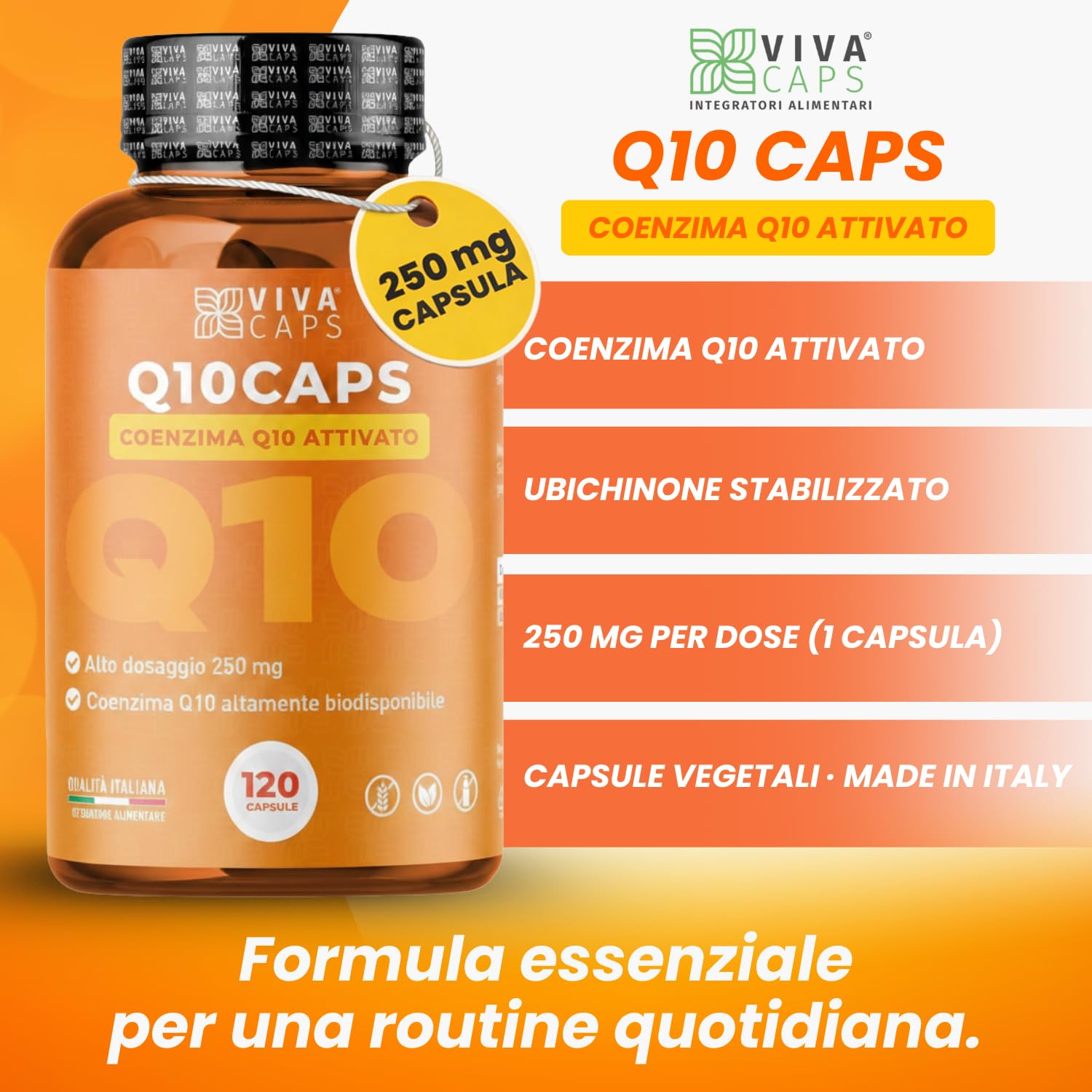 Coenzima Q10 250 mg per dose giornaliera 120cps 1 al giorno per 4 mesi, ubiquinone puro alta biodisponibilità - Made in Italy