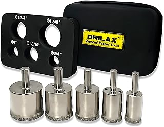 Drilax 5-Pc Diamond Hole Saw Set with Guide & PU Case | for Glass, Tile, Granite & Countertops | Includes 3/4", 1", 1-3/16", 1-3/8", 1-5/8" Bits