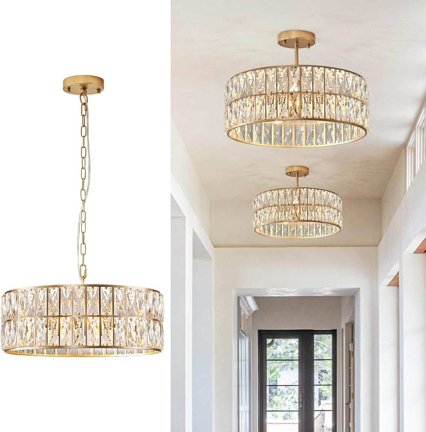Modern Crystal Chandelier for Dining Room Gold Semi Flush Mount Ceiling Light Fixtures 18” Large Round Crystal Pendant Lighting for Foyer Bedroom Living Room Gold Small-18”