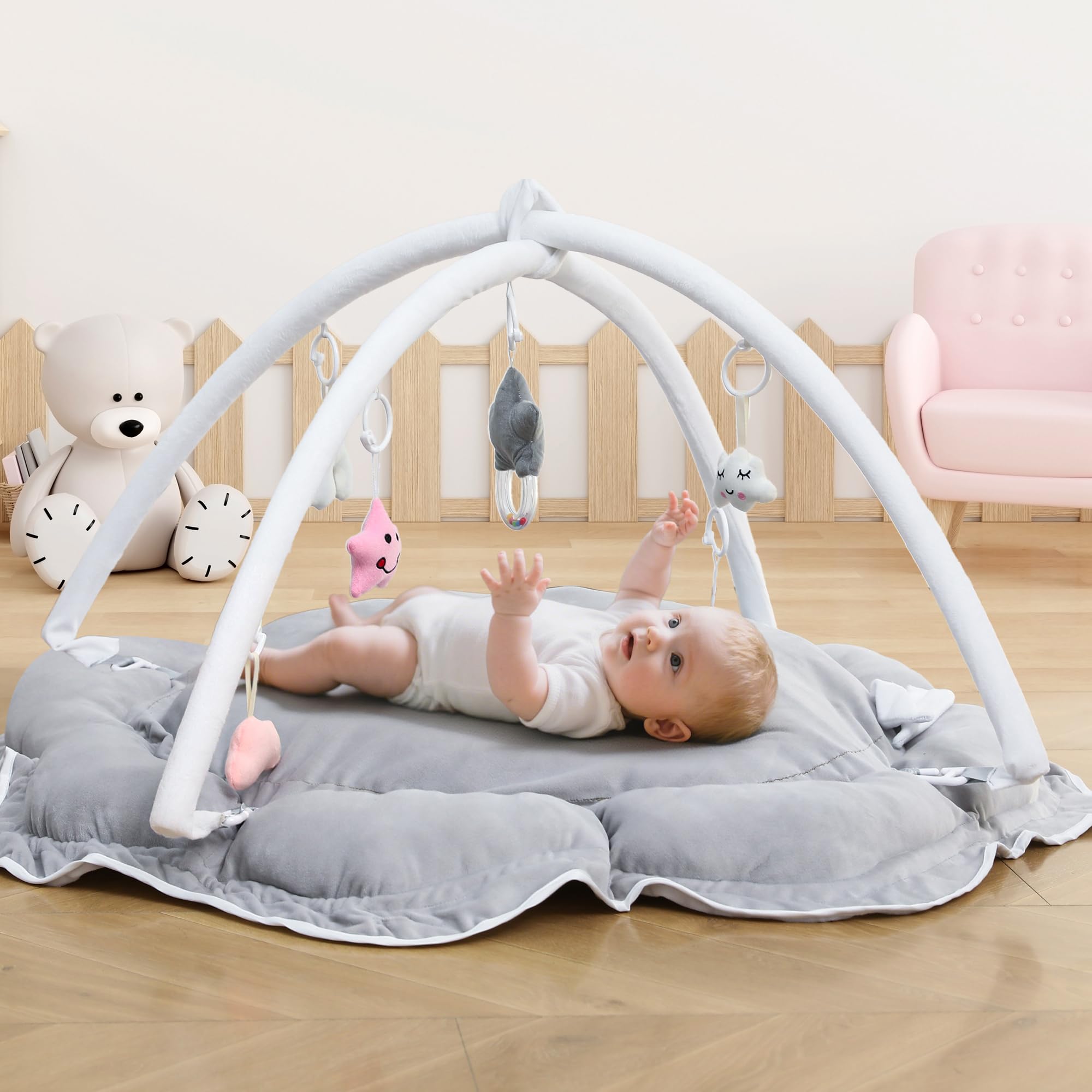 Gimnasio de juegos para bebés, alfombrillas de juego para bebé, tapete para el piso, tapete para el tiempo boca abajo con 6