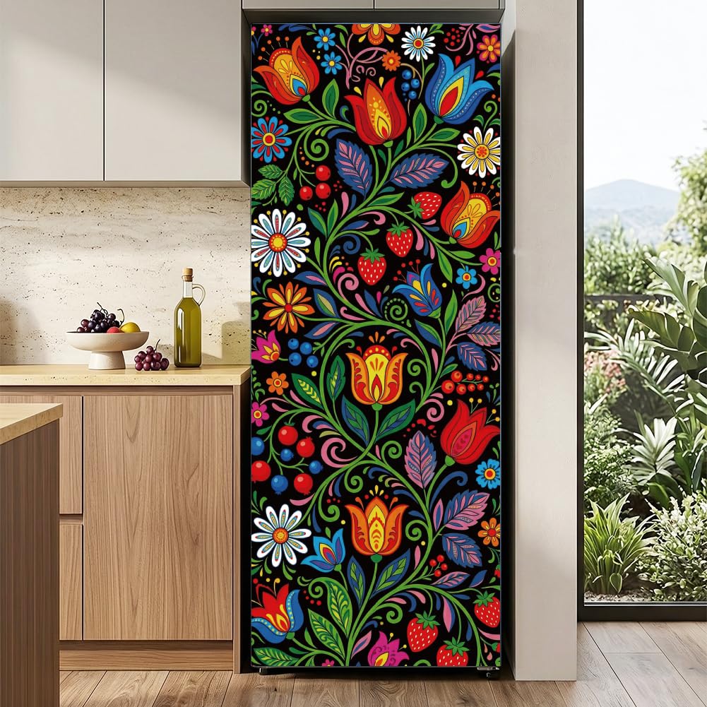 arricraft 2 Pcs 3D Self-Adhesive Refrigerator Door Sticker, 31.5"x78.7" Eden Themed Floral Design Fridge Door Murals Stickers PVC Removable Wallpaper Decoration for Kitchen Bar Home Door Decor