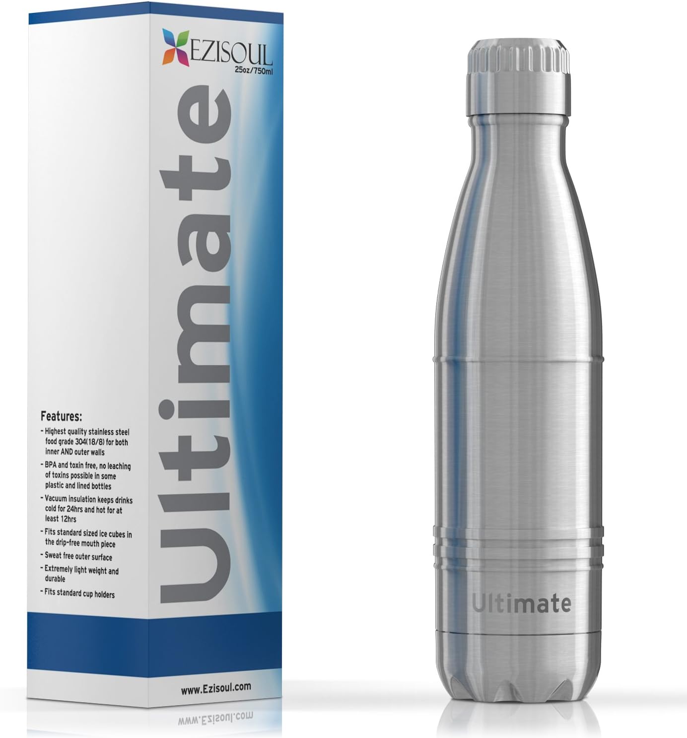 Ezisoul Insulated Stainless Steel Sports Water Bottle - No Leaks, Sweating or Toxins - Brushed Stainless Steel - 25oz