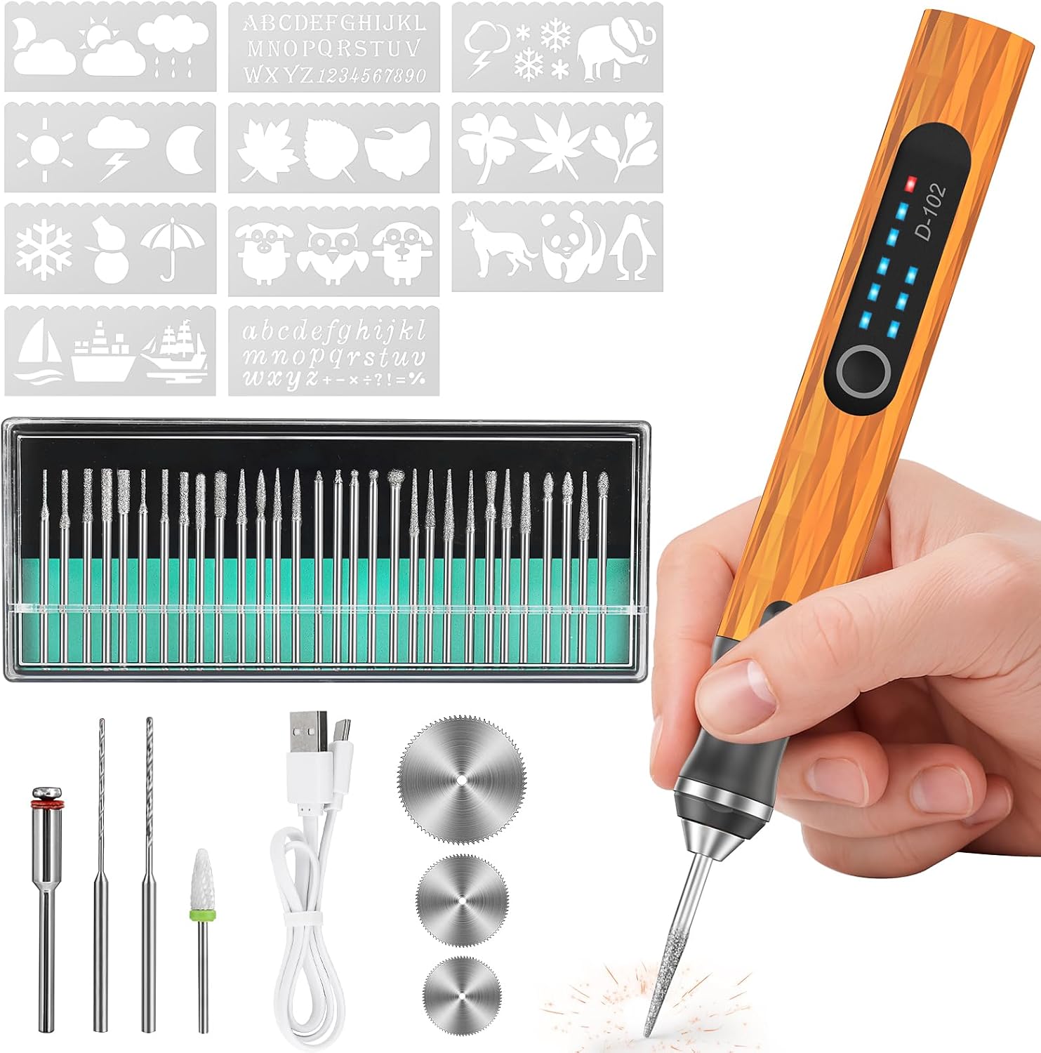 Upgraded Electric Engraving Pen, 37 Bits, 3-Speed Adjustable, USB Rechargeable, Cordless Rotary Tool for 50+ Surfaces – Perfect for DIY Crafts & Personalization – Ideal Valentine's Day Gift – Orange