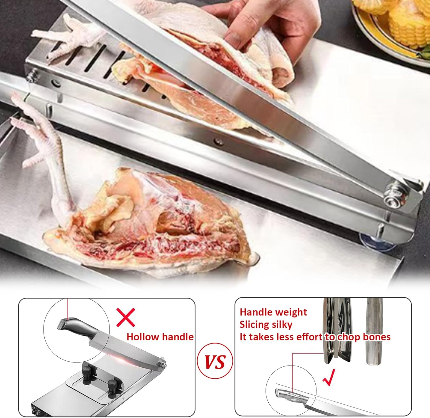 Stainless Steel Manual Meat Slicer with Scale Food Tray – Labor-saving Bone Cutter with Non Slip Handle Suction Cup for Kitchen
