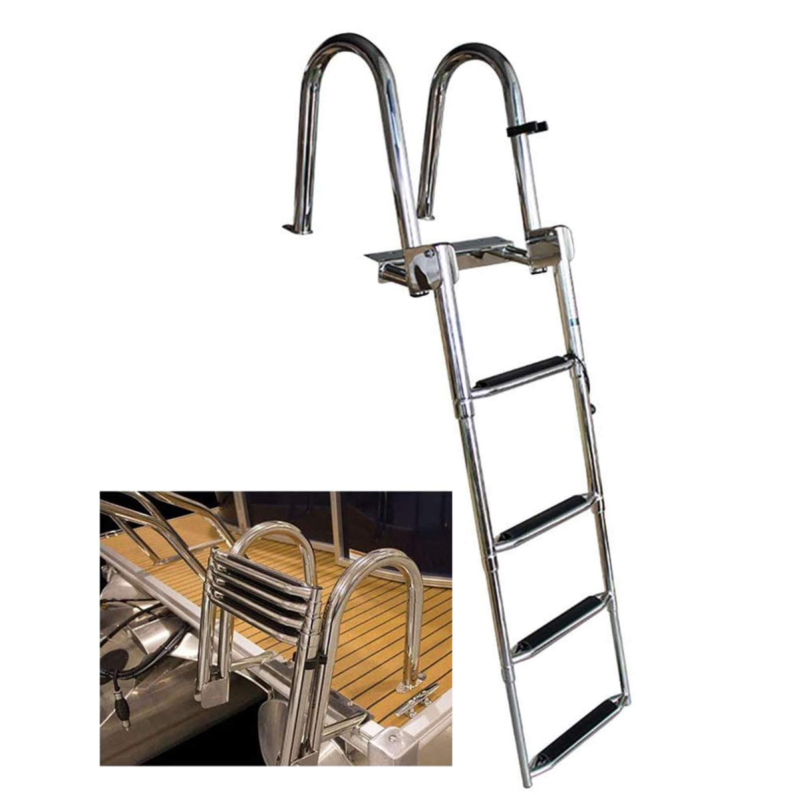 Edelstahl Teleskopleiter, 4 Schritt Edelstahl Klappleiter mit Handgriff Klappbare Schwimmleitern ausziehbar,für Badeplattform Marine Yacht