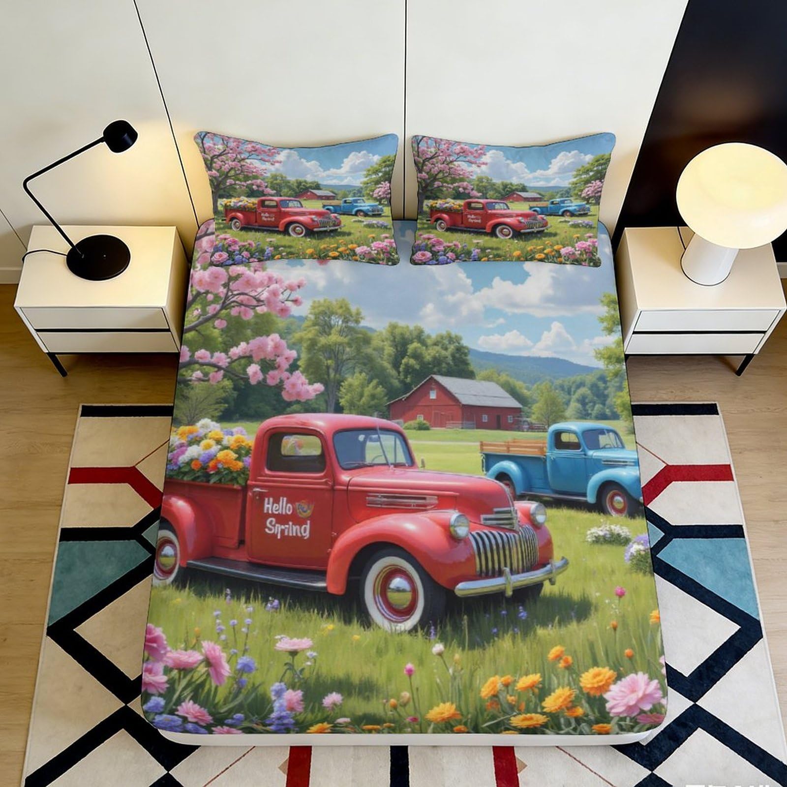 Uxinyoume Style-8 3D Printed Vintage Red Truck Fitted Sheet Microfiber Blue Countryside Barn Mattress Cover For Bedroom Guest Room Decor 90X200x25cm