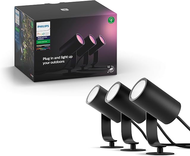Philips Hue White and color ambiance Lampa Zewnętrzna Lily, Zestaw bazowy - 3 Reflektory LED Ogrodowe, zasilacz (wymagany Hue Bridge), 16 mln kolorów, sterowanie aplikacją