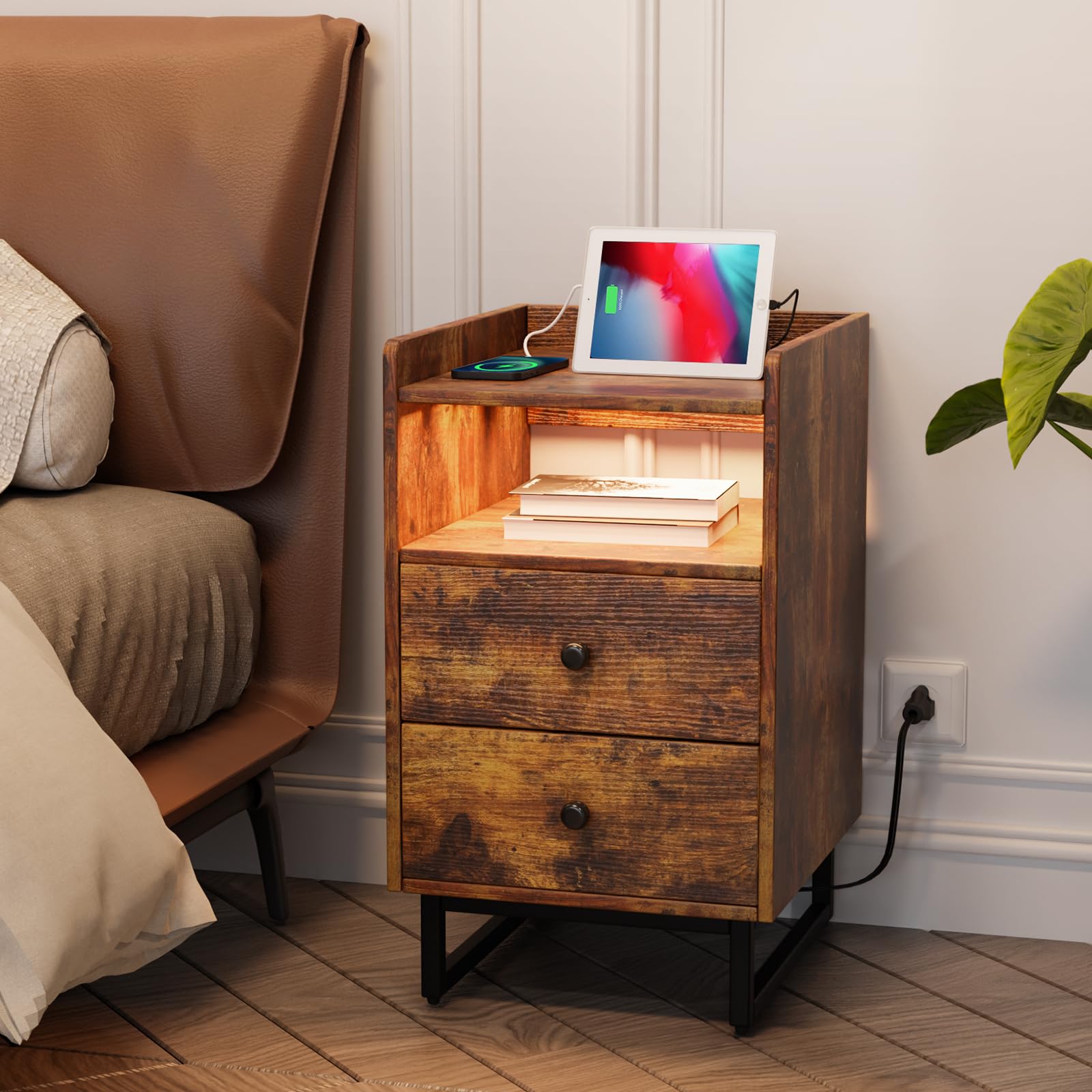 VINGLI Nightstand with Charging Station, LED Nightstand with Drawer, Wood Nightstands, Night Stand with Metal Leg, Side Table, End Table, Bedside Table for Bedroom,Rustic Brown(1 Pack)