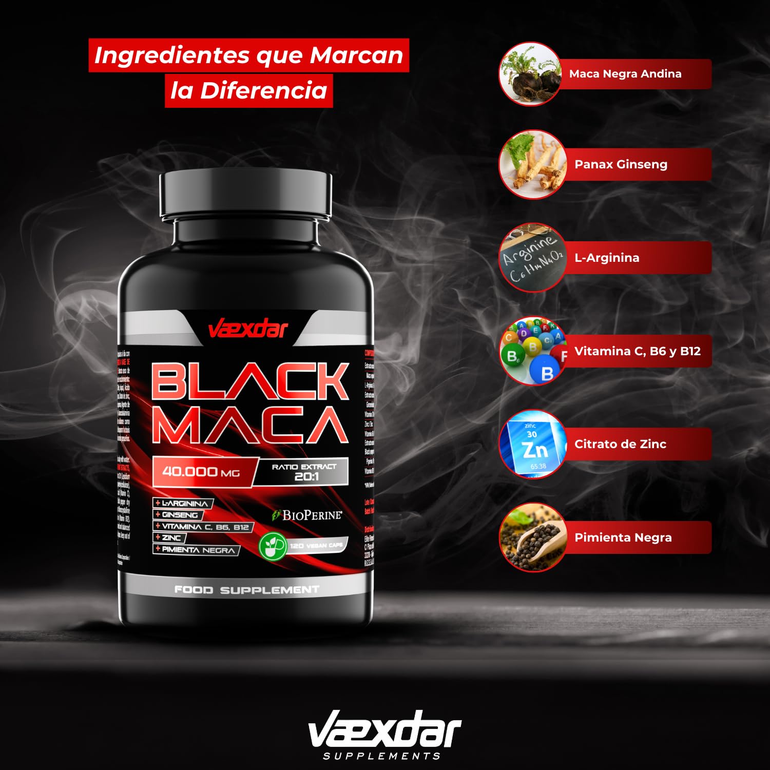 Maca Negra Andina 40.000mg - Extracto 20:1 - Maca Negra Peruana + L-Arginina + Ginseng + Zinc + Vitamina C, B6 y B12 - Alta Concentración - Potencia tu Energía y Vitalidad - 120 Cápsulas - Vaexdar