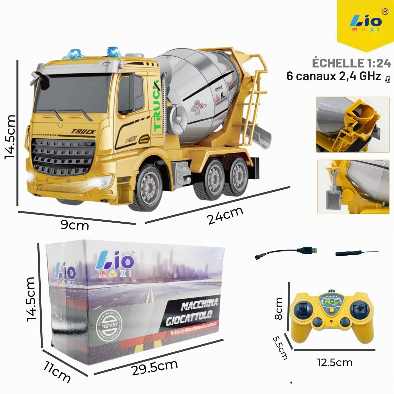 Camion bétonnière avec toutes les fonctions, jouet télécommandé alimenté par batterie, pour enfants et filles (âgés 3-7), échelle 1:24, avec lumières et sons