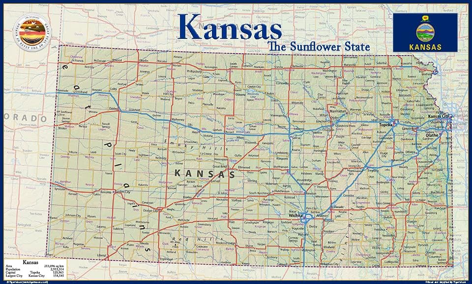 Kansas State Physical Map - 16.5 x 27.5 Inches - Paper Laminated