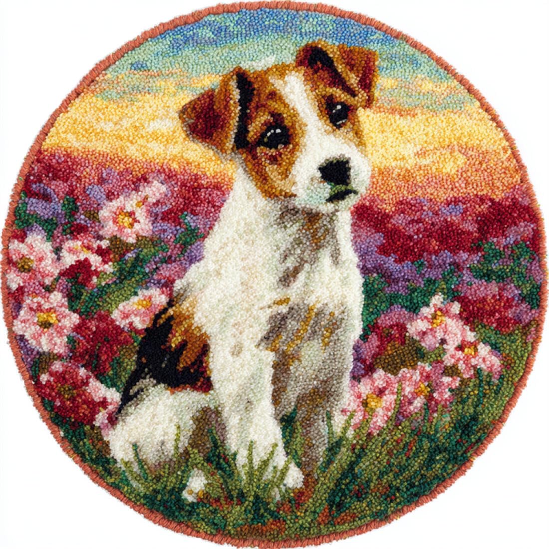 Rqwybcaxn DIY Latch Hook Rug Making Kits for Adults Animal Crochet Hooks Set Dogs and Flowers 50x50cm Round Tapestry with Crochet Hook Living Room Craft Gift
