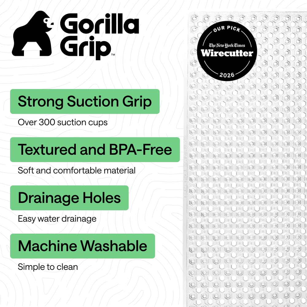 GORILLA GRIP Tapete original patentado para baño, ducha, bañera, 35 x 16 pulgadas, lavable a máquina, antibacteriano, BPA, látex, sin ftalatos, con agujeros de drenaje y ventosas, 2 unidades,