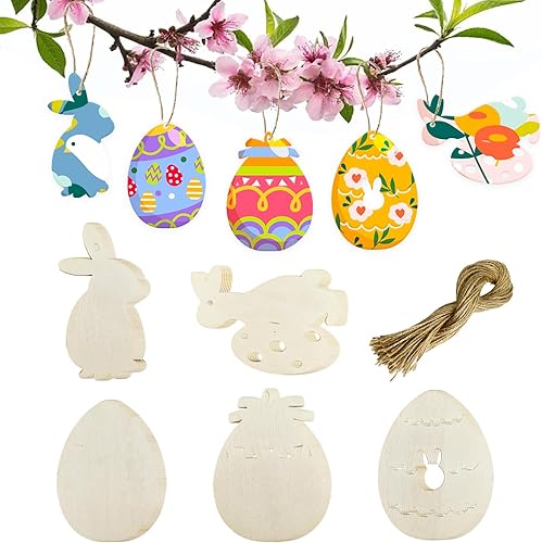 AOCEAN Kit de manualidades de madera de Halloween de 60 piezas, recortes de madera y adornos colgantes con cordel, madera sin terminar para