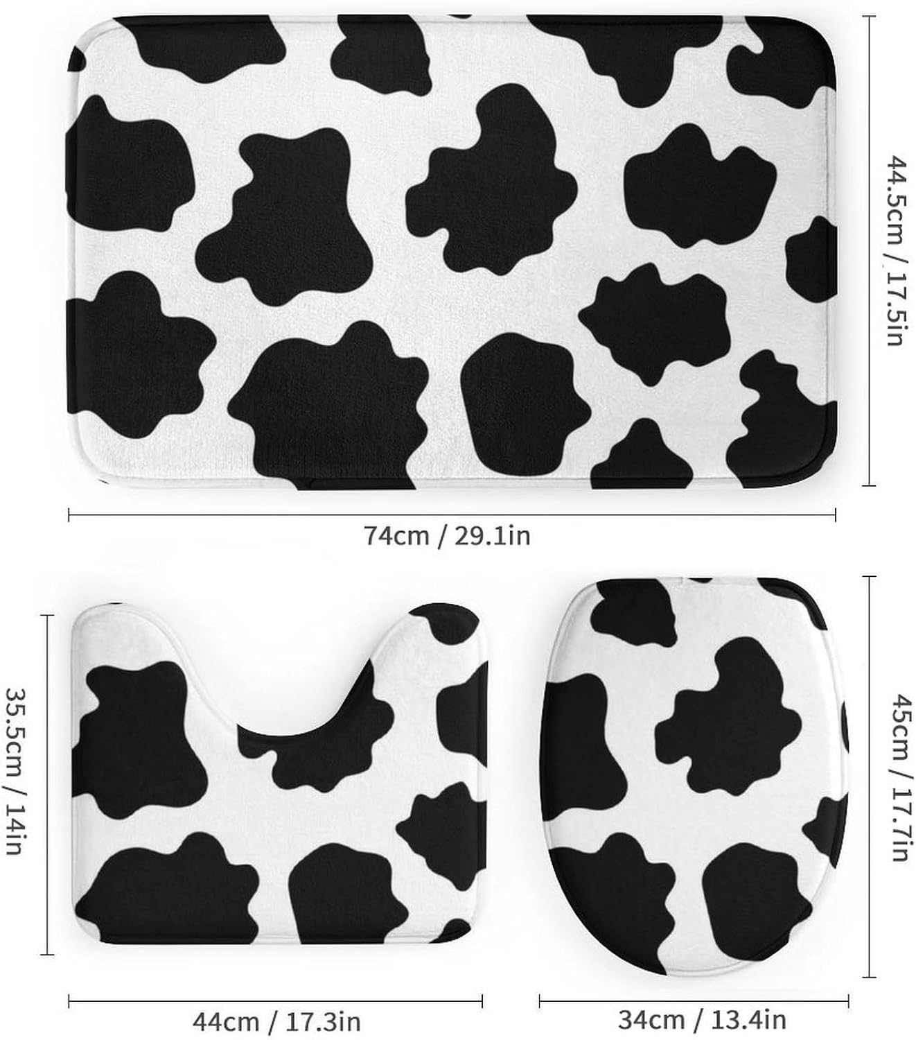 Black White Milk Cow Spots Print Pattern Anti Slip and Waterproof Bathroom Four Piece Set, Fashionable Four Piece Set