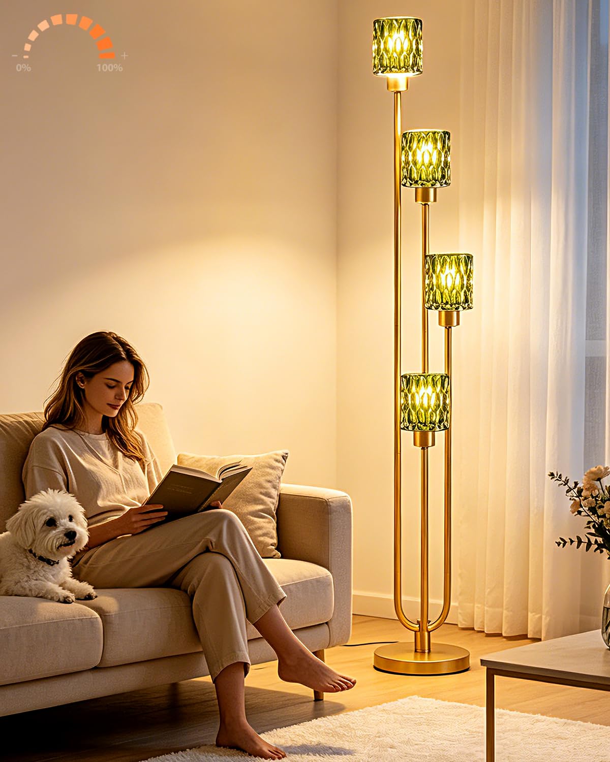 Vintage 4-Light Green Glass Floor Lamp, Dimmable Gold Standing Tall Lamp for Reading, Mid Century Modern Floor Lamp for Living Room Bedroom Home Office Corner Decor, Bulb Included
