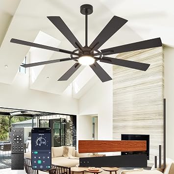 Large Ceiling Fans with Lights Modern 66 Inch 8 Blade Outdoor Ceiling Fan with Remote APP Control - Dimmable Black Big Fan Light Indoor Reversible 6 Speed Quiet DC Motor