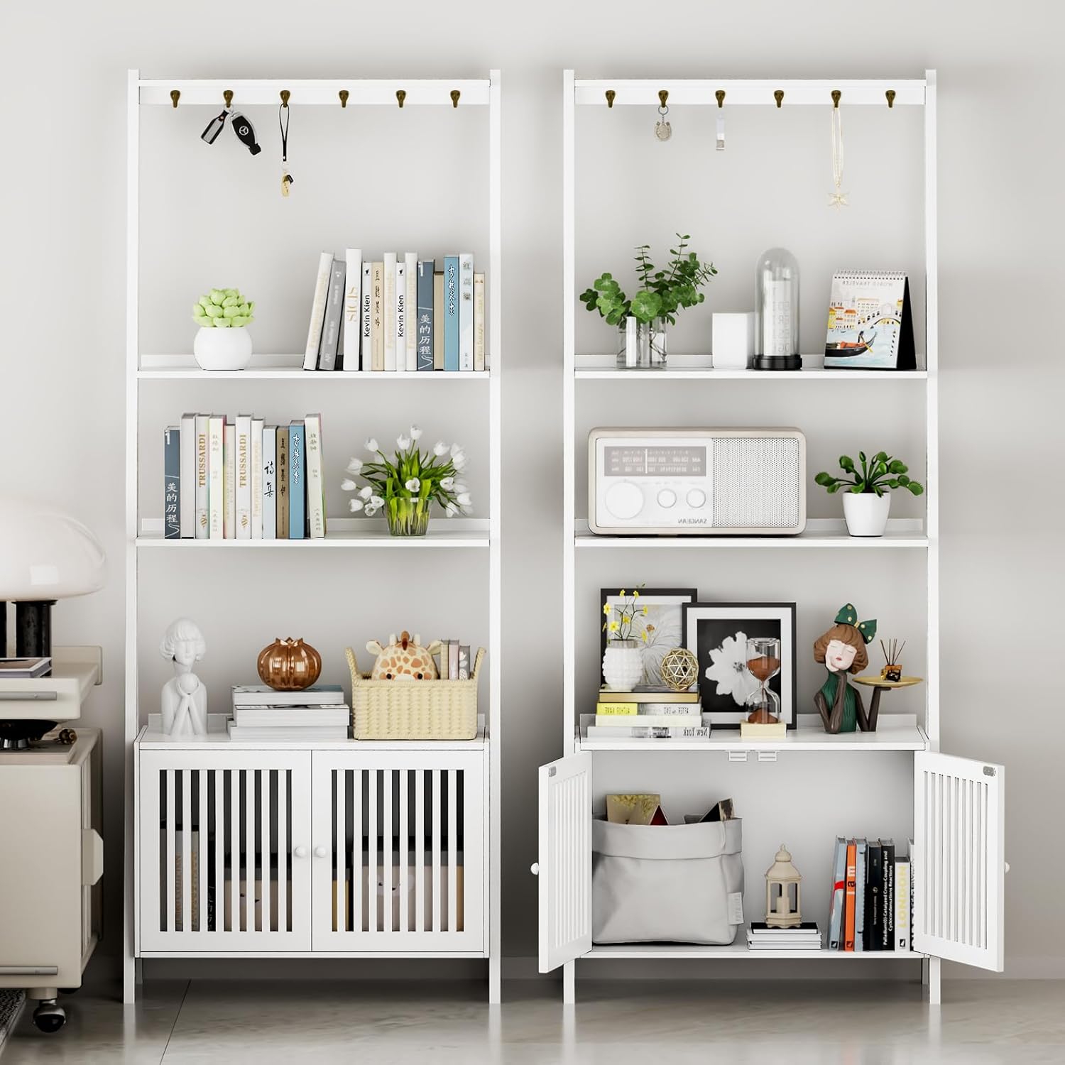 Bookcase with Drawers, 4-Tier Bamboo Bookshelf Ladder Shelf with 6 Hooks, 59.5"H x 24.8"L x 10.6"W, Tall Narrow Freestanding Standing Storage Organizer for Living Room, Office, Bedroom, White