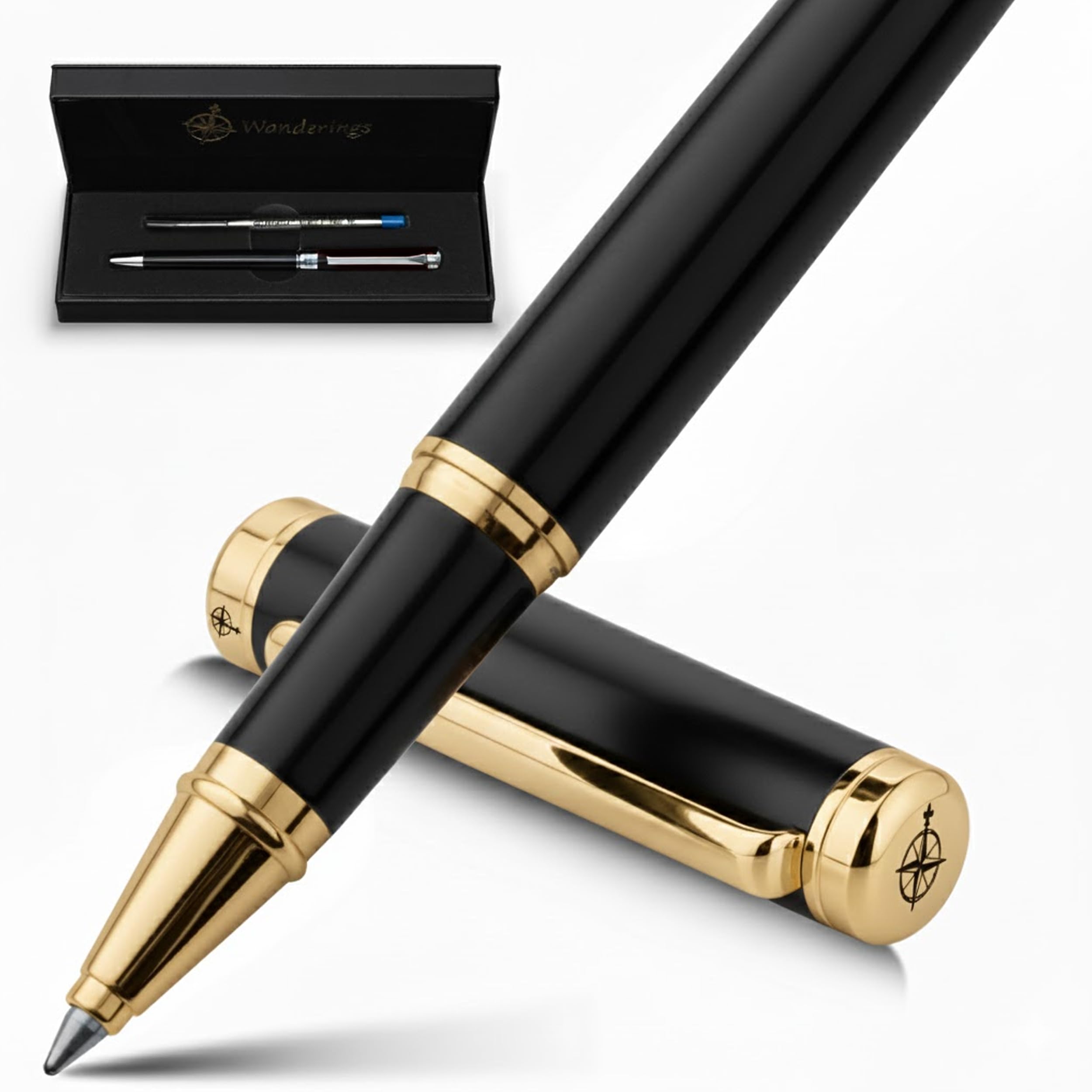 WANDERINGS Premium Rollerball Pen with German Ink Perfectly Balanced for a Superb Writing Experience, 24K Gold Plated Black Piano Black - Includes a Schmidt Refill in a Giftable Presentation Case
