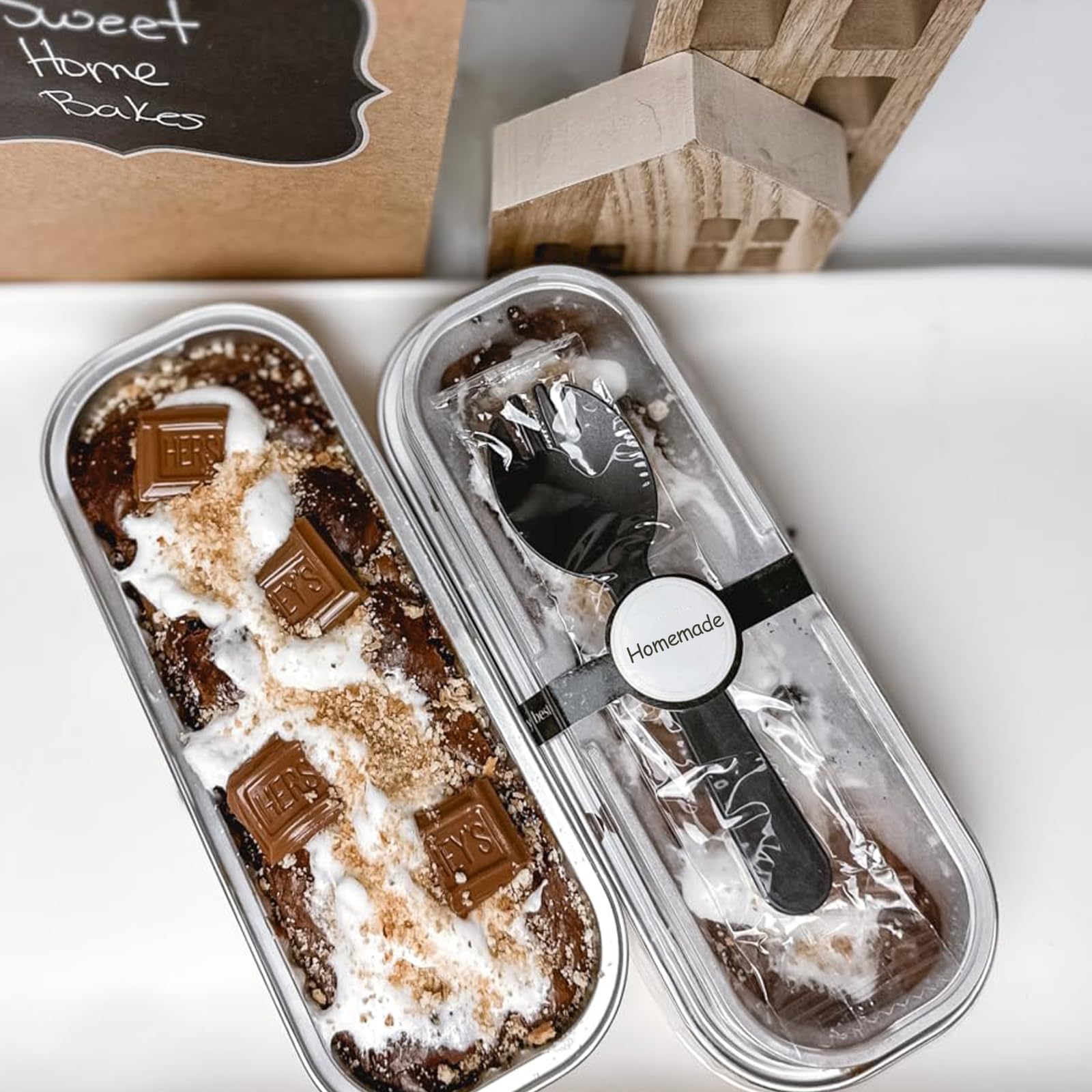 200 mini teglie da forno rettangolari con coperchio e cucchiai, 100 set da 200 ml in alluminio con adesivo sigillante per torte, budini, pane