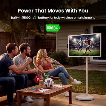 ApoloSign 32 Inch FHD Smart Portable TV on Wheels, Android 16 EDLA Certified, 128GB Storage, Built-in 15000mAh Battery, Voice Remote, Touch Screen TV with Rolling Stand for Home, Office - Gen2