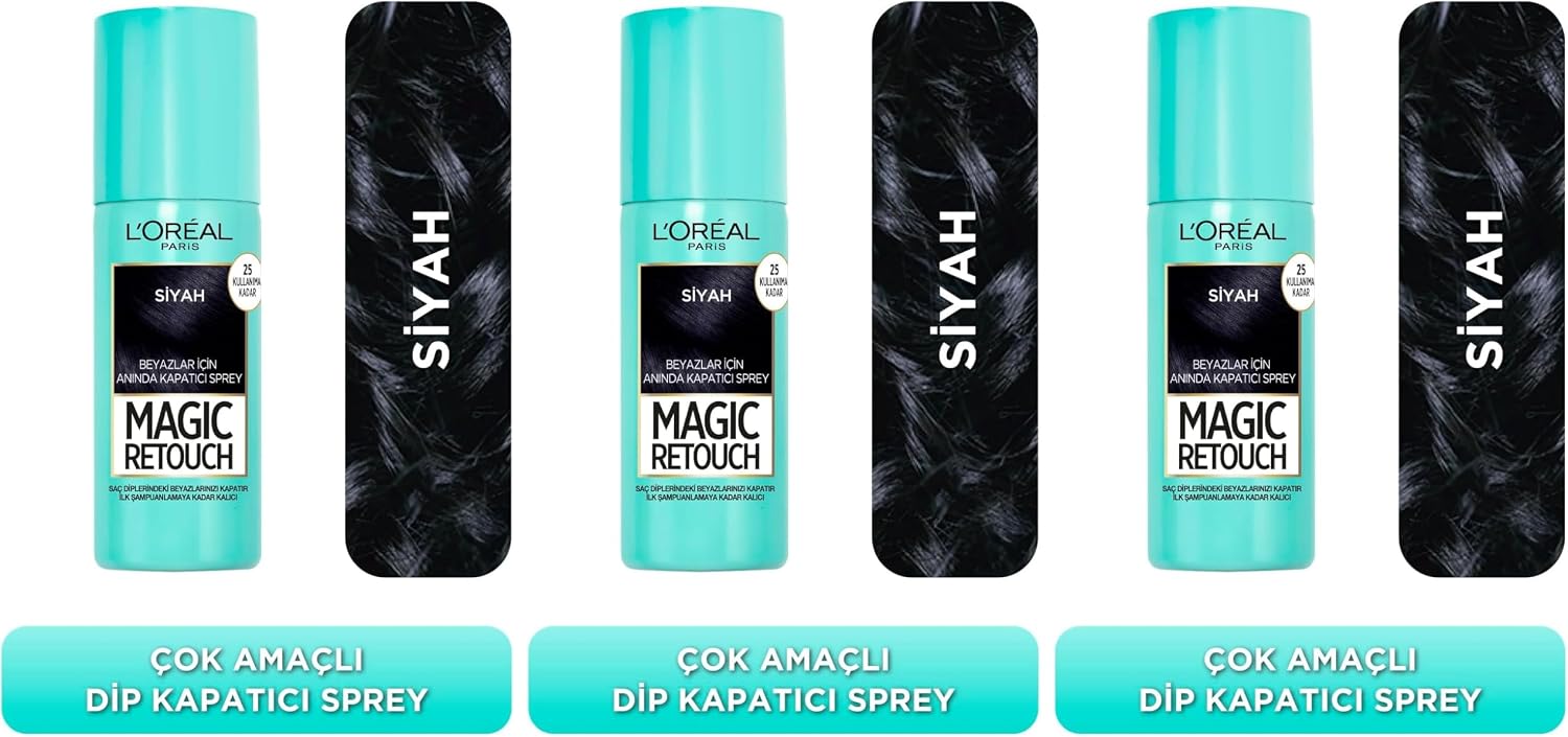L'Oreal Paris Magic Retouch Beyaz Dipleri Kapatıcı Sprey 75 ml - Siyah (3 paketi)