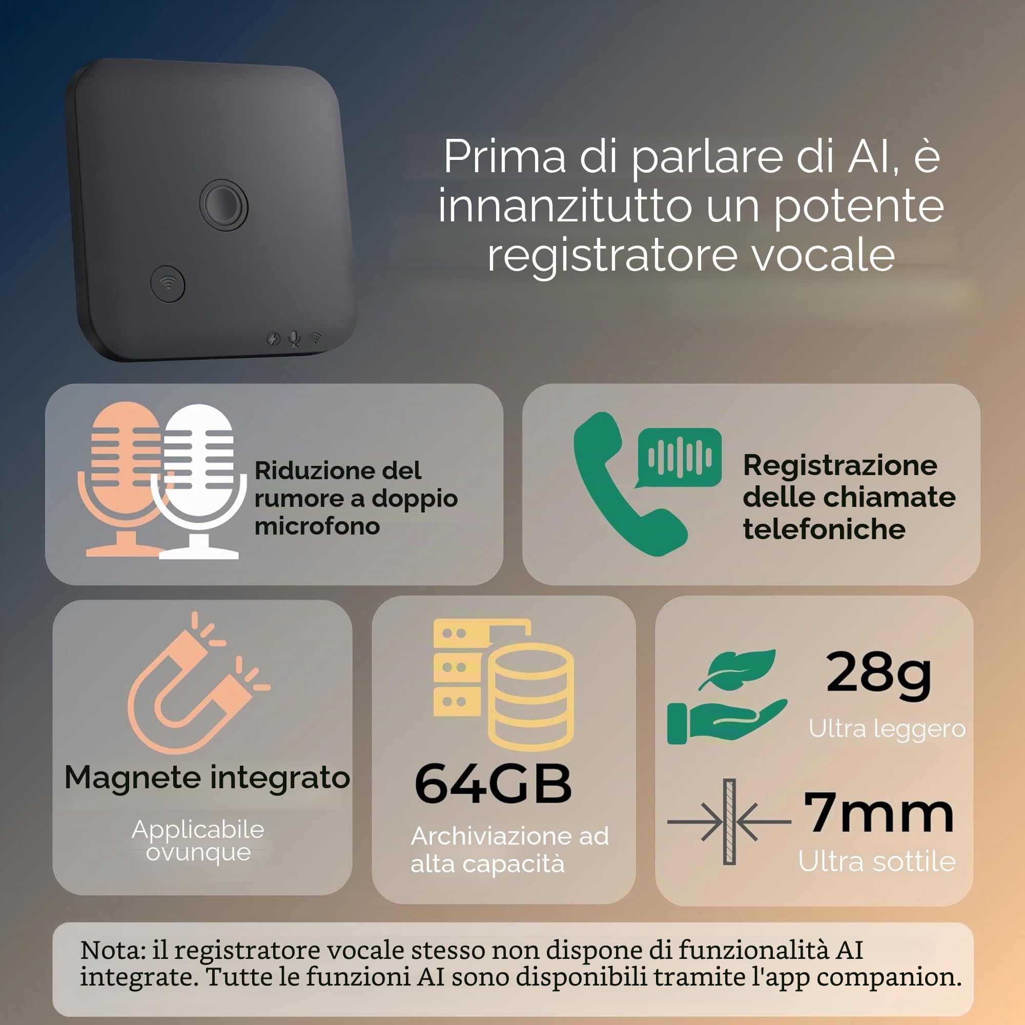 Registratore vocale con APP per trascrizione vocale AI, riepilogo GPT-4o, mappatura mentale, archiviazione da 64 GB e design magnetico, dittafono per chiamate, lezioni e riunioni, by FoCase Rec