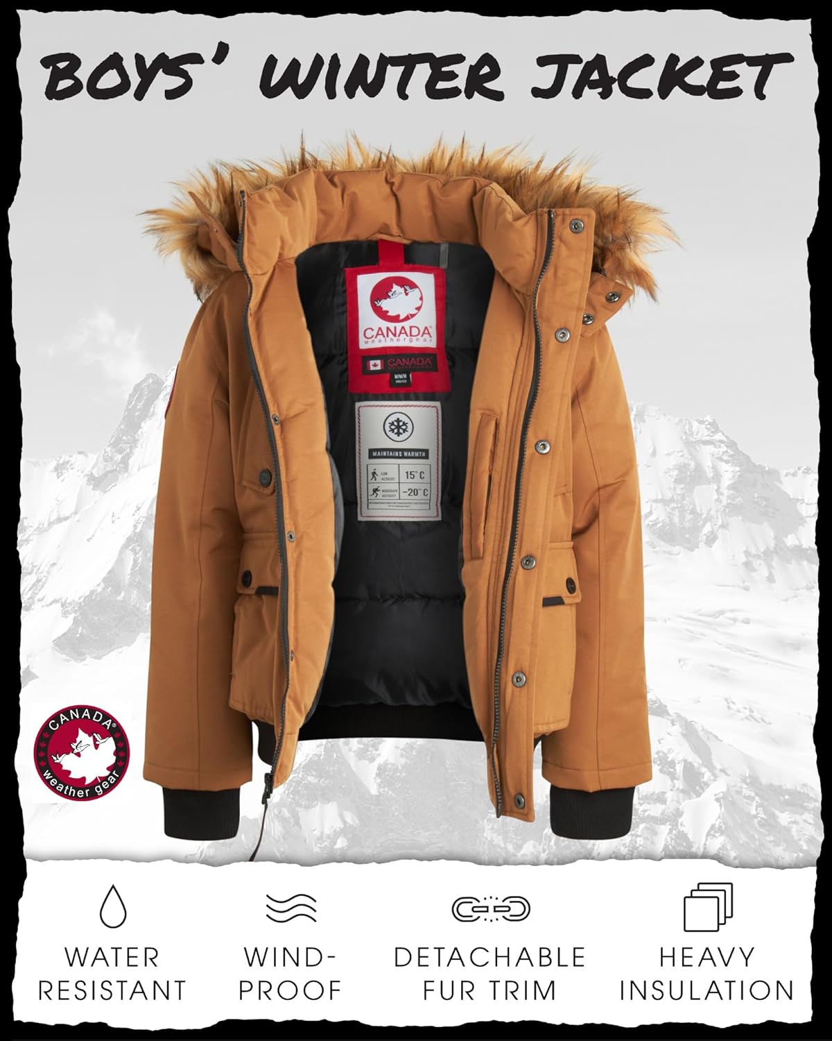 CANADA WEATHER GEAR Boy Winter Coat - Heavyweight Wind and Water Resistant Insulated Bomber Parka Jacket Kids Ski Outerwear