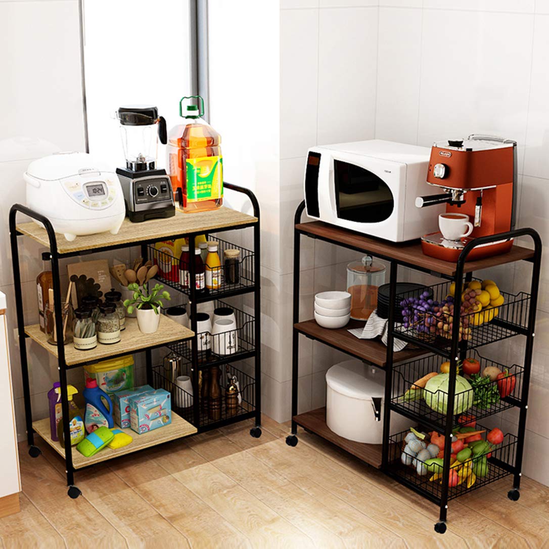 ZYFA Carrello Cucina a 3 Piani Servizio,Scaffale Portaoggetti Mobile,Carrello Portaoggetti Multiuso, Salvaspazio Scaffale Rete Metallica Contenitori, in Legno Robusto Rotolamento,4 Ruote Girevoli