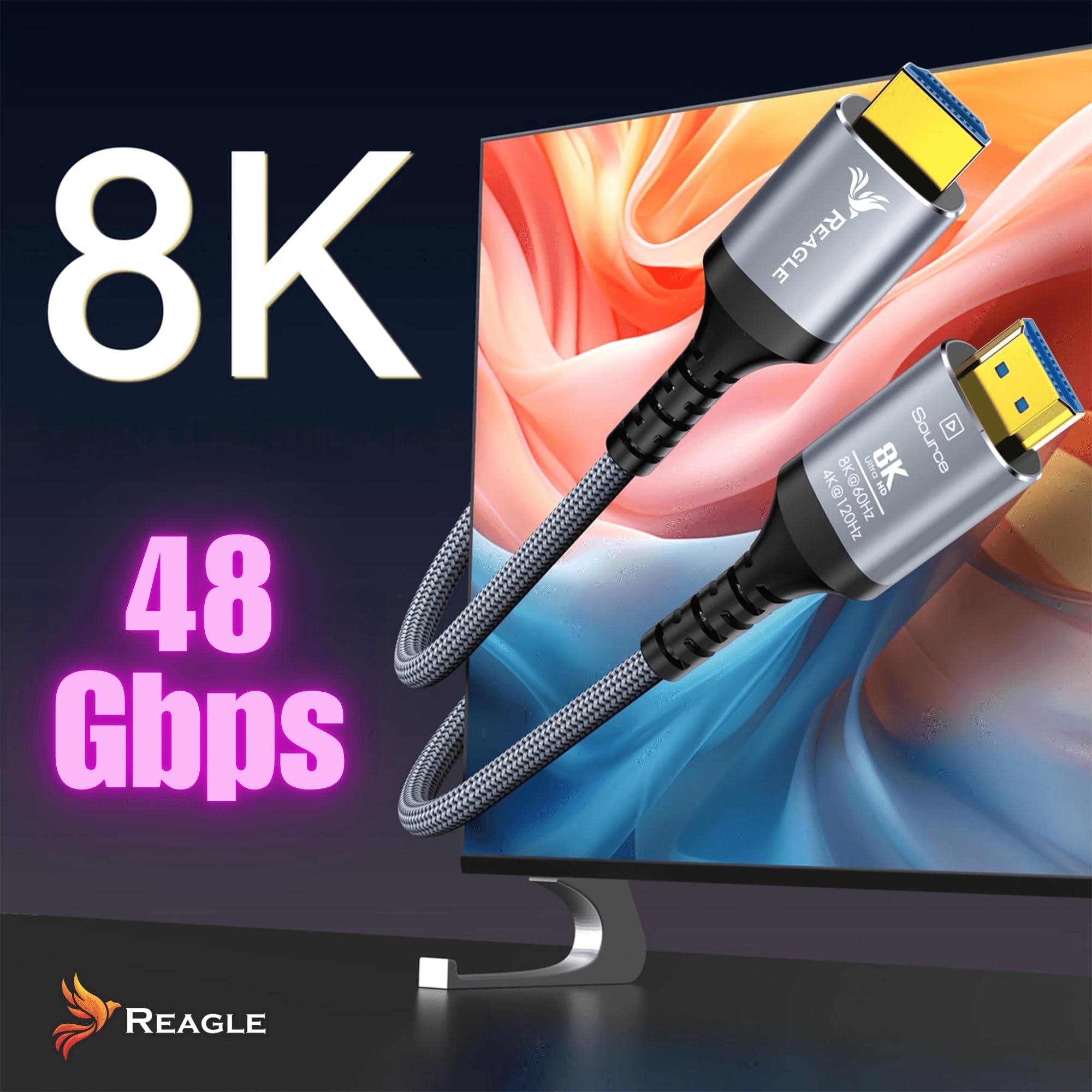 Reagle Cavo HDMI 2.1 Ottico AOC 10 m, Cavo in Fibra Ottica 48 Gbps, 8K@60Hz, 4K@144Hz/120Hz, Dynamic HDR, eARC, VRR, Compatibile con PS5, Xbox Series X/S, TV, Proiettore e PC, Unidirezionale