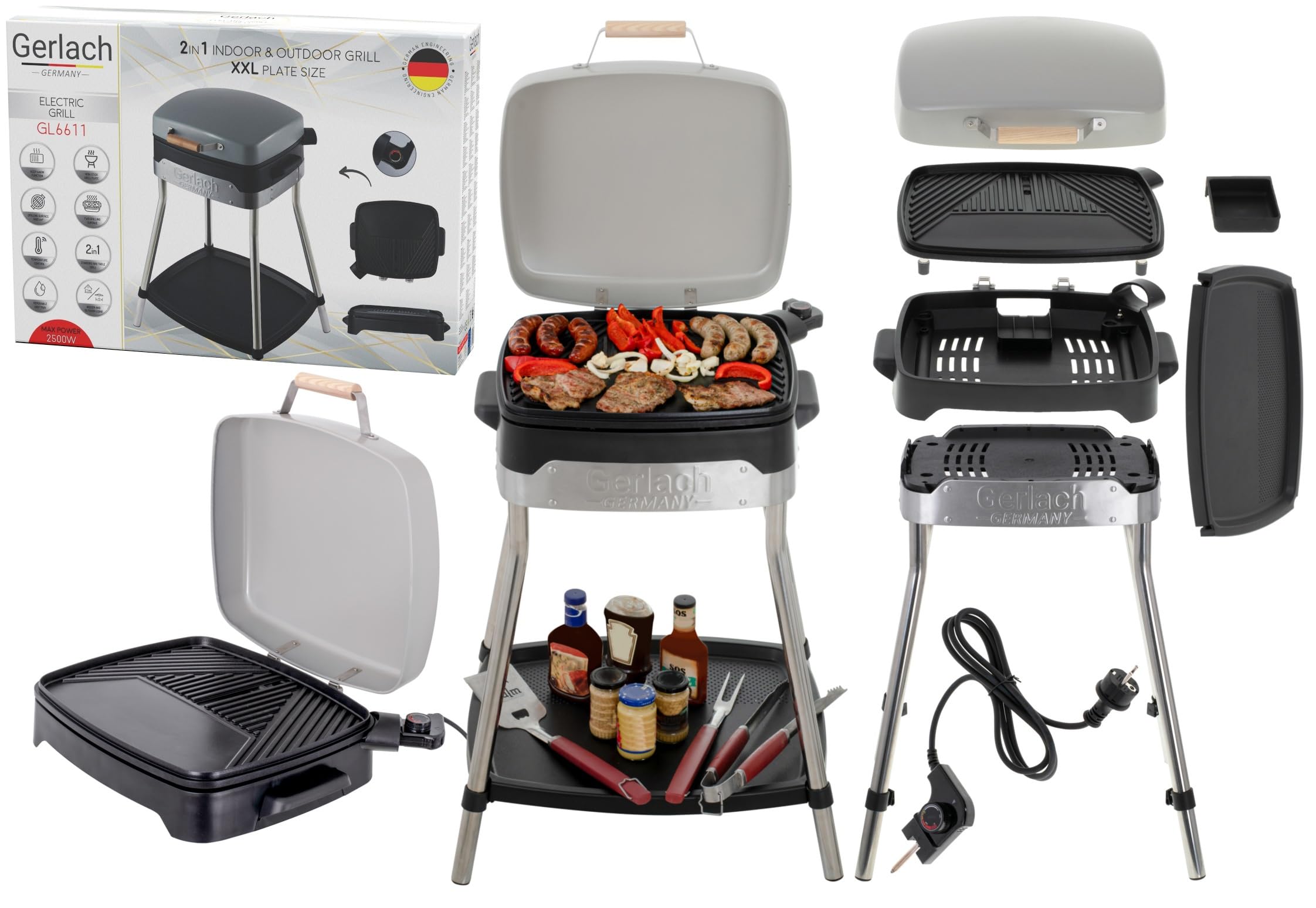 Gerlach GL 6611 grill elektryczny, 2500 W, 2 w 1, grill stojący i stołowy, grill elektryczny z powierzchnią płyty 40 x 36 cm, płyta grillowa z dwoma płytami grzewczymi, srebrny, blach, duży