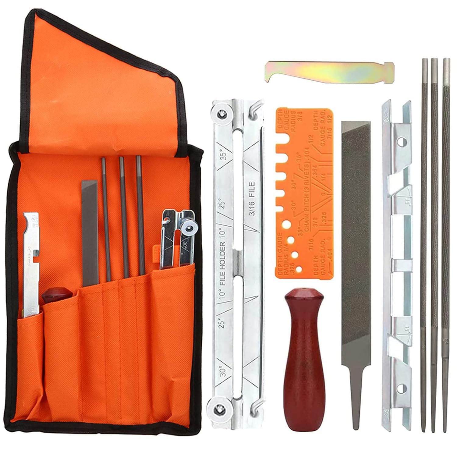 Kit Afilador para Cadena de Motosierra Afilador de Cadena de Sierra Kit con Limas Redondas, Mango de Madera, Lima Plano, Calibrador de Profundidad, Guía, Bolsa de Herramientas y Cepillo 11Pcs
