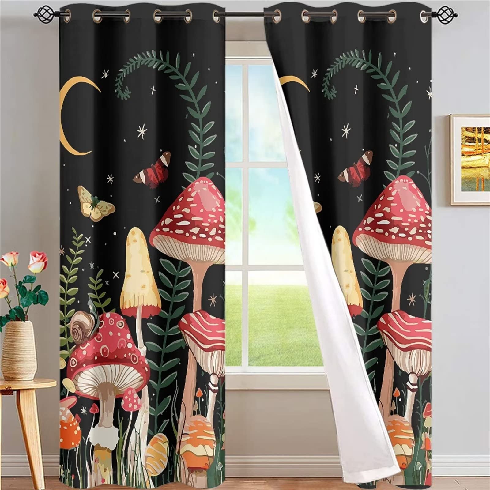 Xhuibop Butterfly Moon and Mushroom Window Curtains Bedroom Curtain Blackout Curtains 84 Inch Length 2 Panels Living Room Curtains for Windows Set