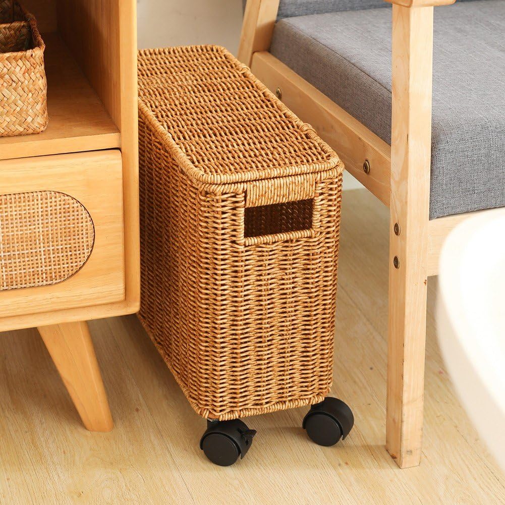 Baúl De Almacenamiento De Mimbre con Ruedas Y Tapa. Caja De Almacenamiento De Mimbre con Ruedas para Dormitorio Y Sala De Estar.