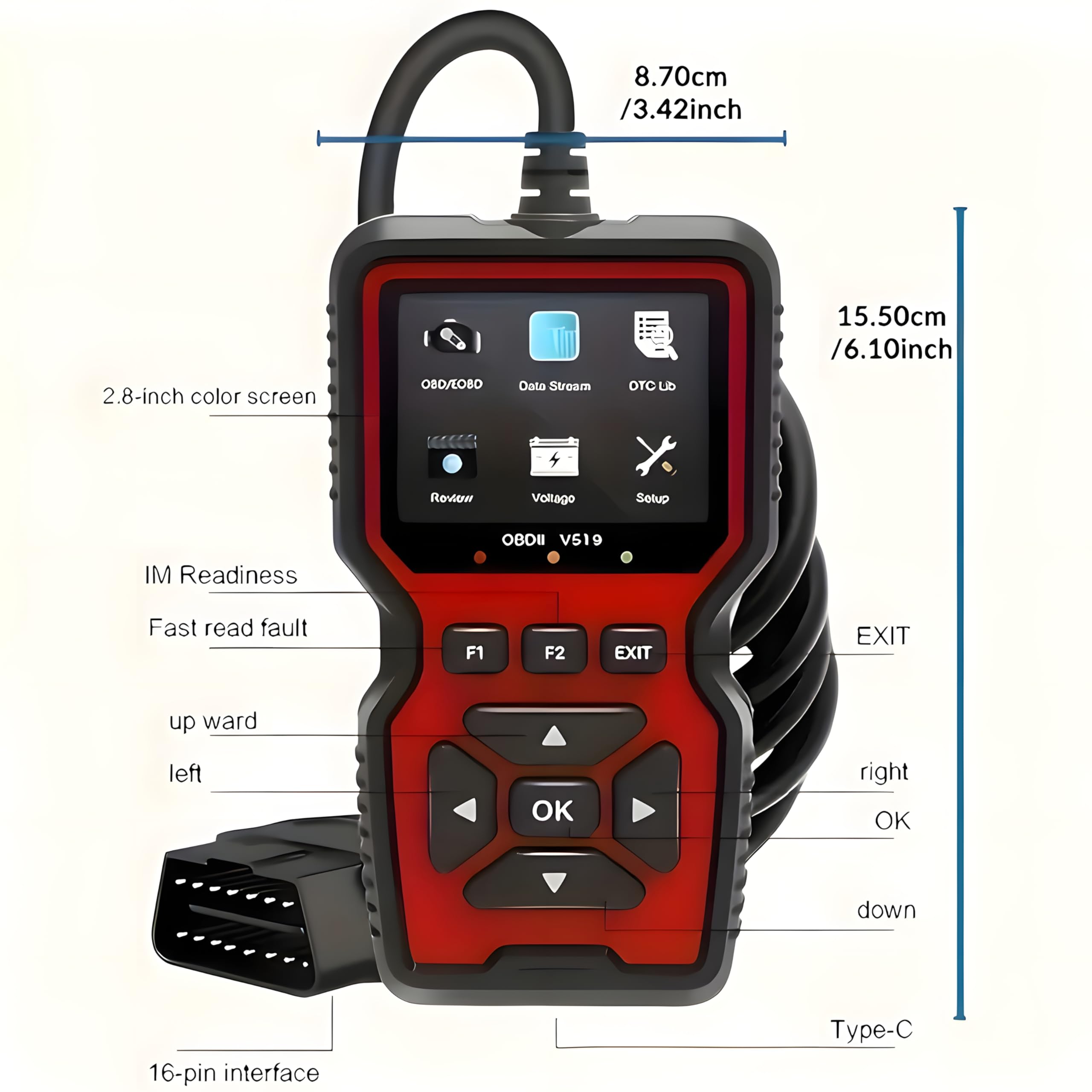 V519 Scanner OBD2 Auto Professionale, Diagnosi OBDII EOBD, Lettore e Cancellatore di Codici di Errore Motore, Check Engine, Dati in Tempo Reale, I/M Ready, ITV