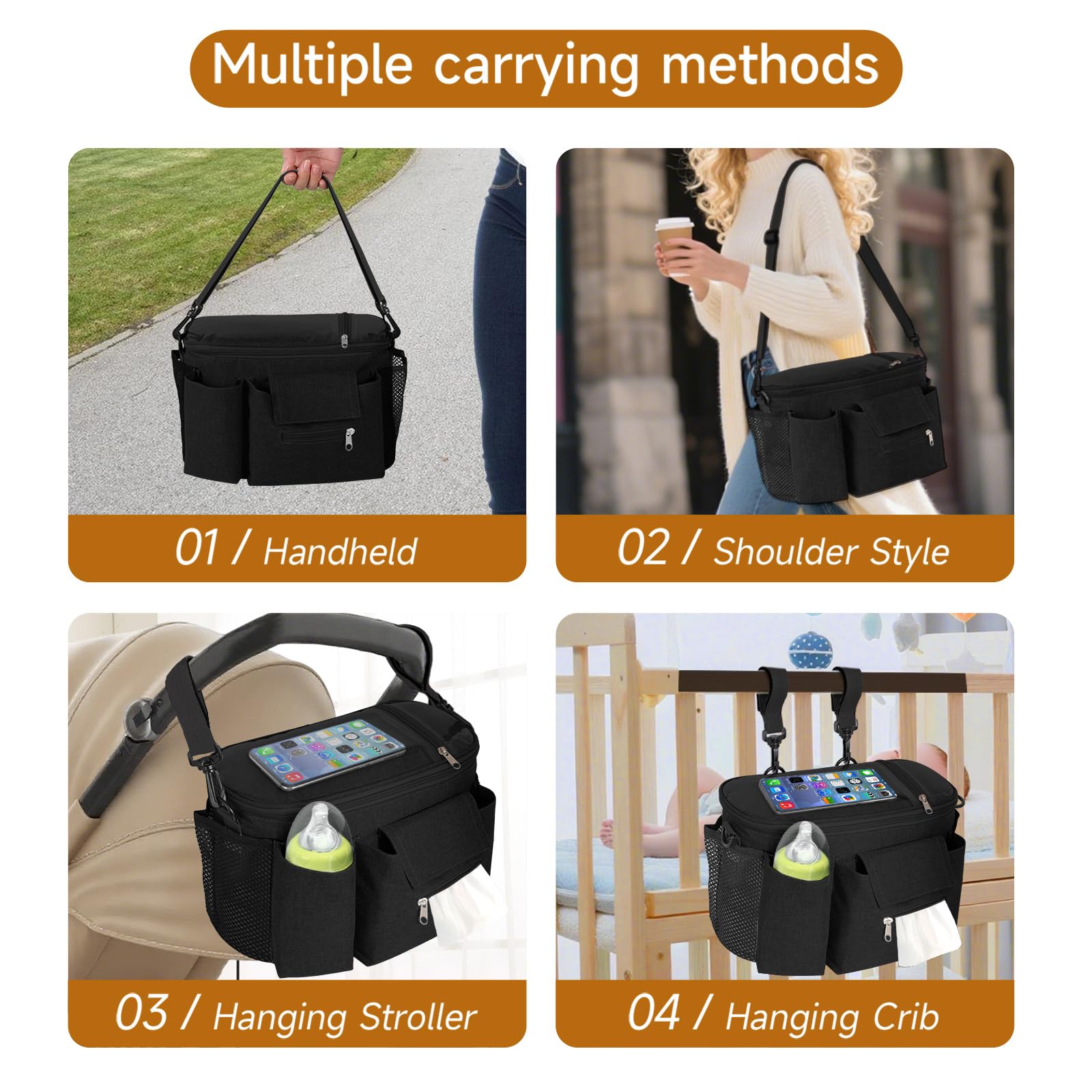 HOTUT Pram Bag,Upgraded Pram Organiser with Touch Screen Phone Pocket,Stroller Organizer with 2 Mesh Bag and Adjustable Shoulder Strap,Baby Pushchair Organiser for Diapers,Wipes,Bottles,Keys(Black) - Image 4