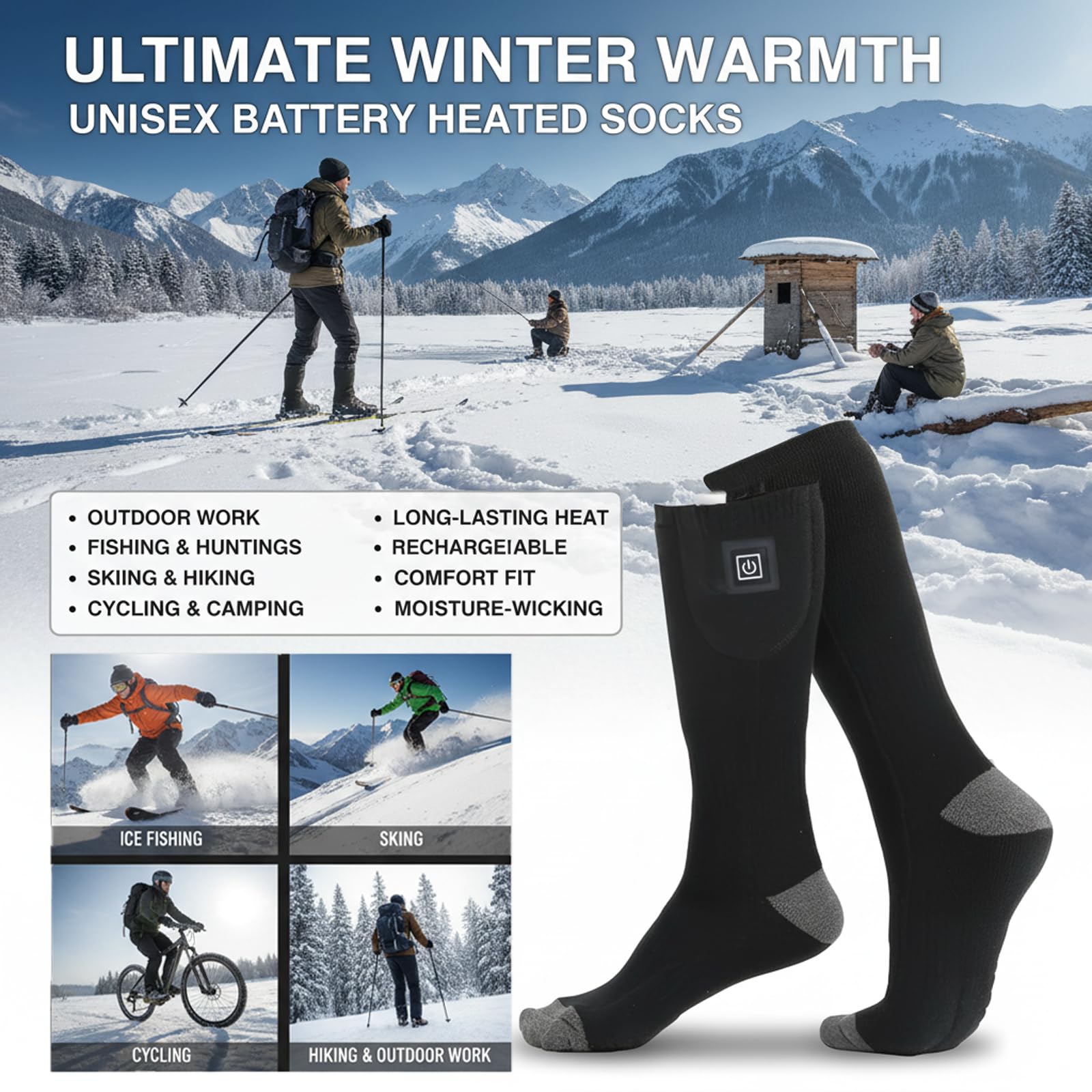 Calcetines calentados con temperatura ajustable, calcetines calefactables para hombre y mujer, 3 niveles de calor y batería de 4000 mAh, lavable a máquina, para exterior, senderismo, esquí, camping