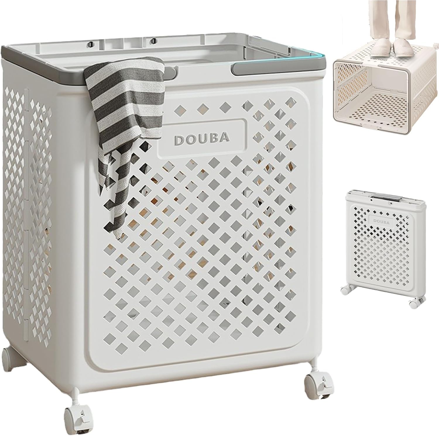 Foldable Laundry Basket with Wheels, Collapsible Bucket Laundry Hamper, Plastic Basket Laundry Bin Container, Multi purpose Organizer Clothes Storage Washing Basket for Home, White