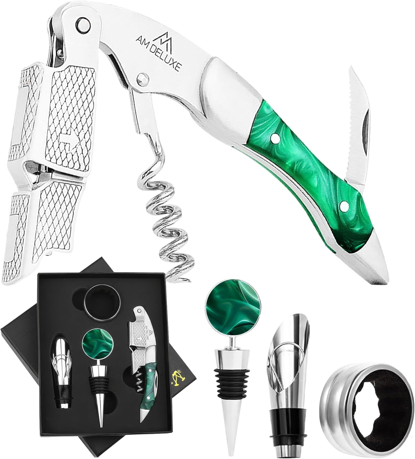 4-Piece Wine Accessory Set - Waiters Corkscrew Wine Opener Stainless Steel & Resin, Wine Aerator Pourer Spout, Wine Bottle Stopper, Wine Collar Drip Ring - Professional Wine Opener Gift Set