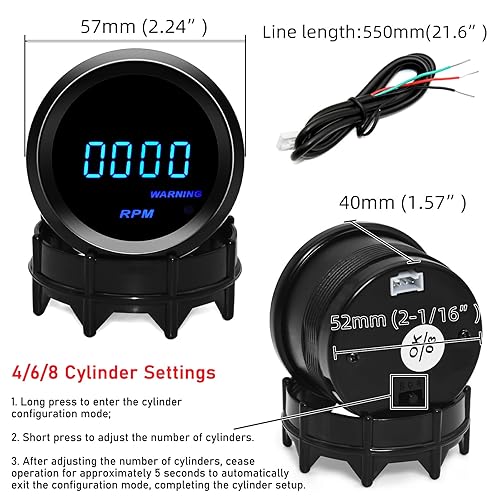 Miniatura 2 de 2 "2.047 in tacómetro azul digital LED Tacho Gauge para coche 12V AUTO 4 6 8 cilindro de gasolina (negro)