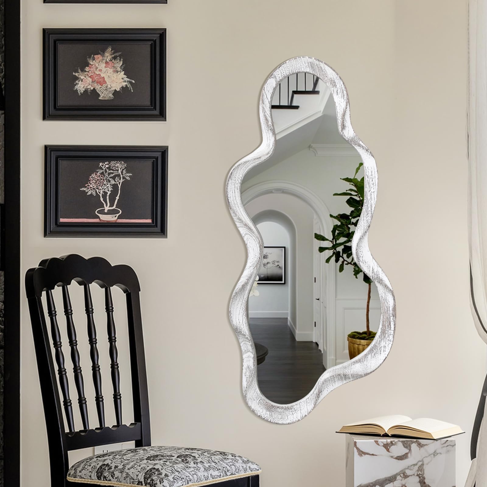 Miroir Mural asymétrique Noir Cadre en Bois irrégulier Art Moderne Miroir Mural décoratif vanité Salle de Bain Salon Chambre à Coucher entrée Couloir Mignon Miroir Nuageux