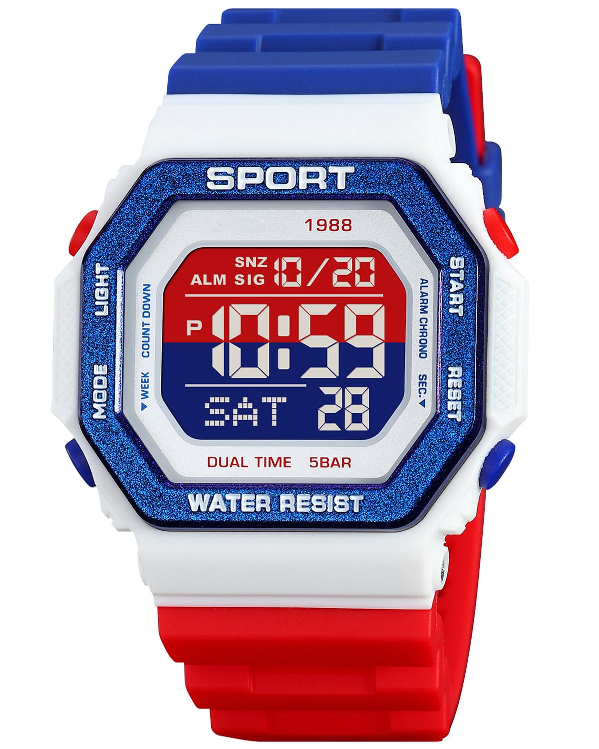 PASOY Fashion Watches for Men and Women Outdoor Sports Unisex Digital Backlight Alarm Countdown Waterproof Swim Colorful Red Blue White Rubber Watch Reloj