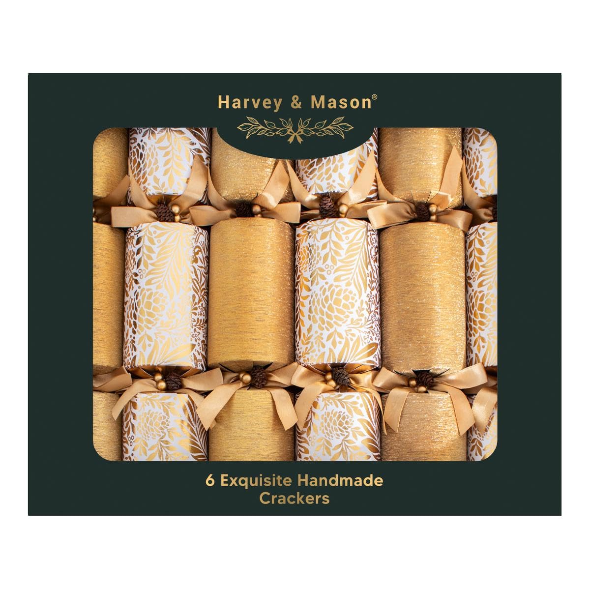 Harvey & Mason Pack of 6 Exquisite Gold Glitter Christmas Crackers - 13.5" Metallic White Festive Holly Foliage Xmas Holiday Dinner Table Decorations - Novelty Fun Prizes Gifts Contains Hats Jokes