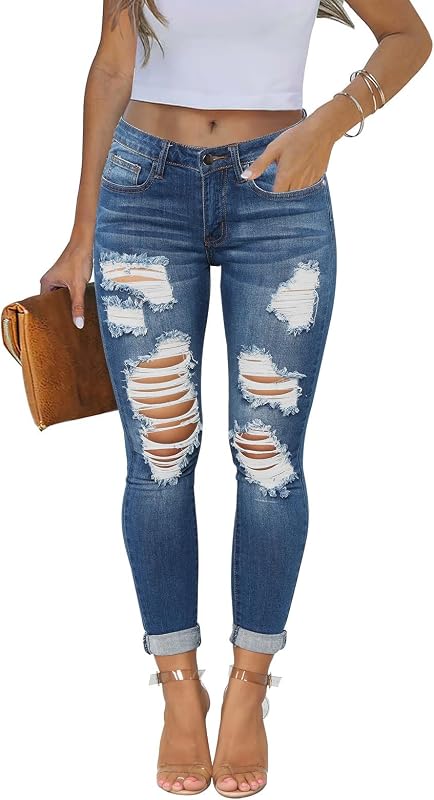 Women's Skinny Ripped Trendy Jeans Distressed Stretchy Denim Pants