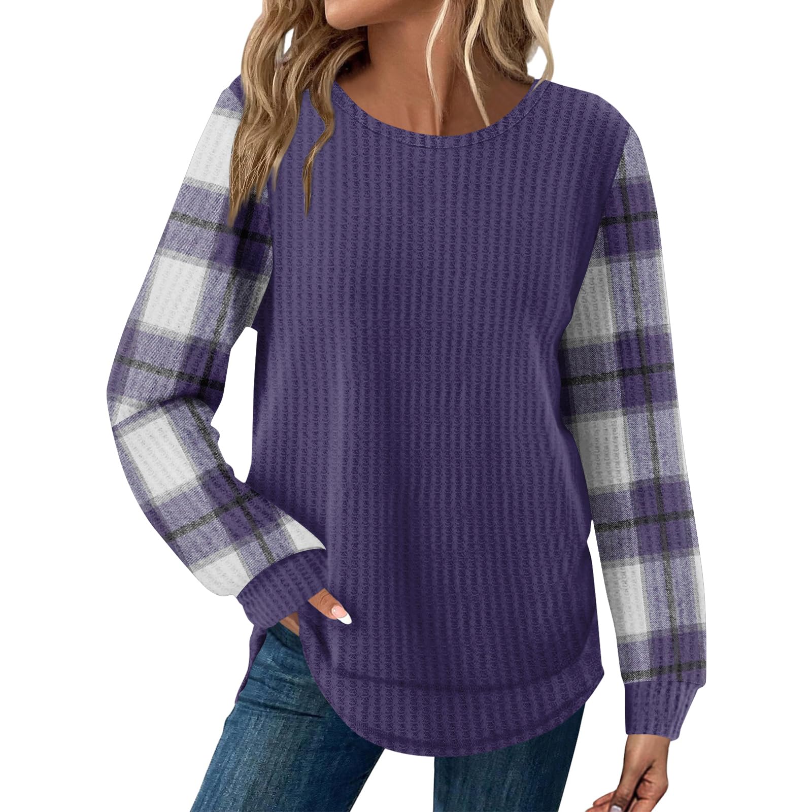 Womens Sweaters Trendy Plaid Pullover Sweater Loose Crewneck Long Sleeve Blouses Casual Trendy Workout Tops