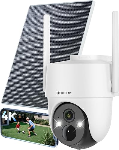 COCOCAM Cámara de seguridad solar 4K 8MP WiFi inalámbrica para exteriores, con panel solar de 6 W, visión nocturna a color 4K, reconocimiento de IA,