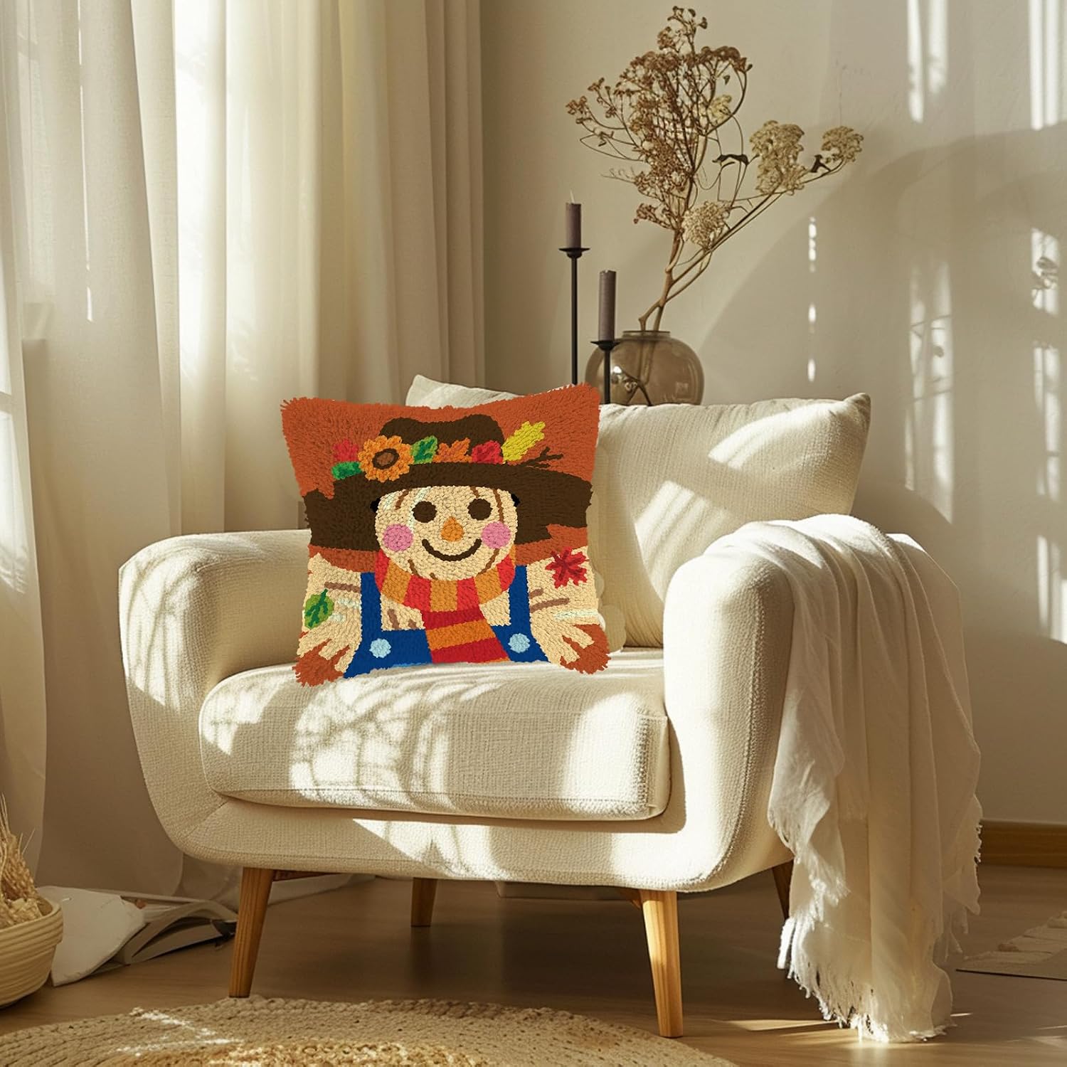 QIONG MENG Latch Hook Kits for Adults, DIY Fall Scarecrow Pattern Pillow Cover Kit Needlework Cushion Cover Hand Craft Crochet for Home Sofa Decorations 17 x 17 Inch