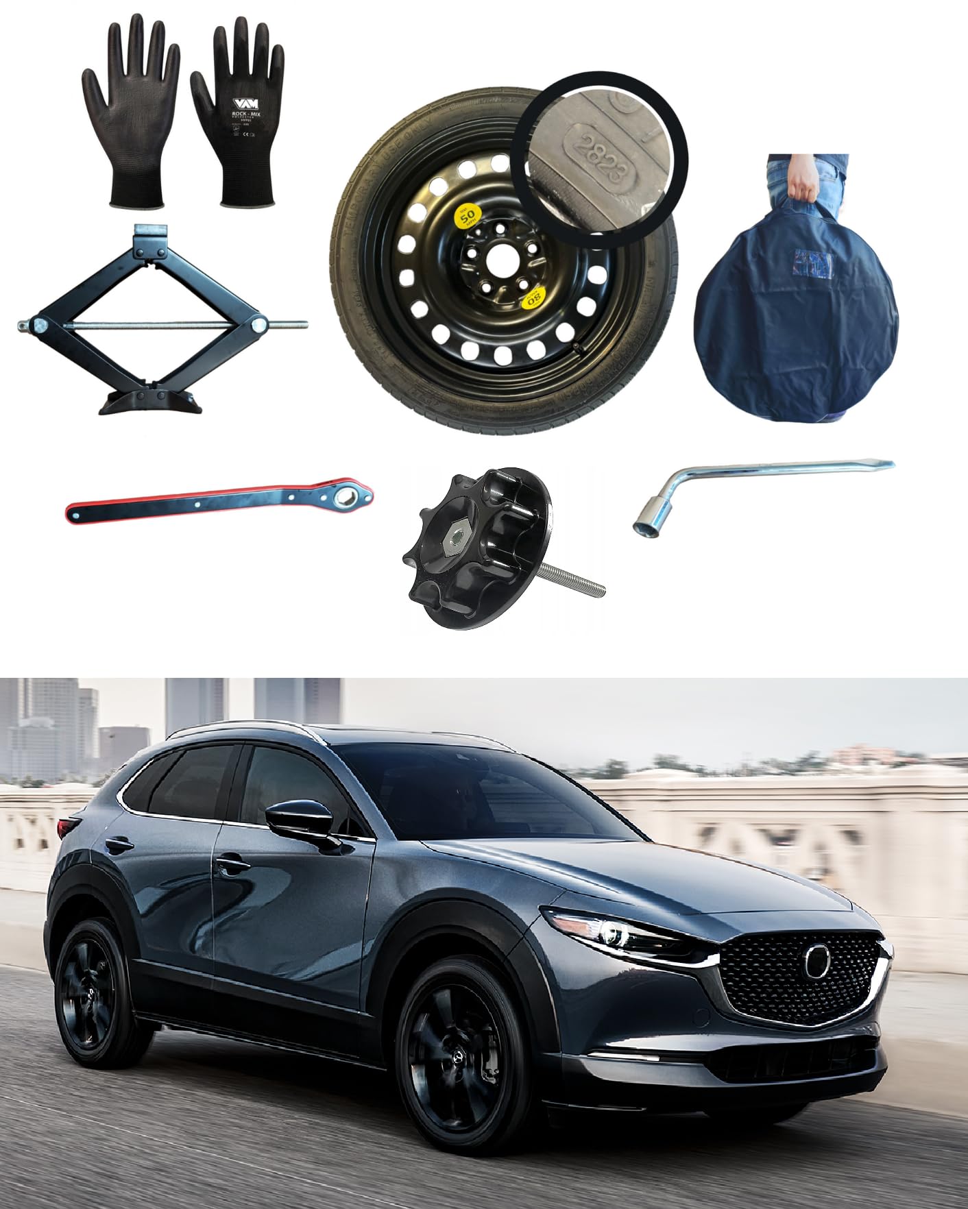 Kit Ruotino di Scorta 16" compatibile con Mazda CX-30 con Cric, Chiave, Vite, Guanti e Sacca 125/90R16