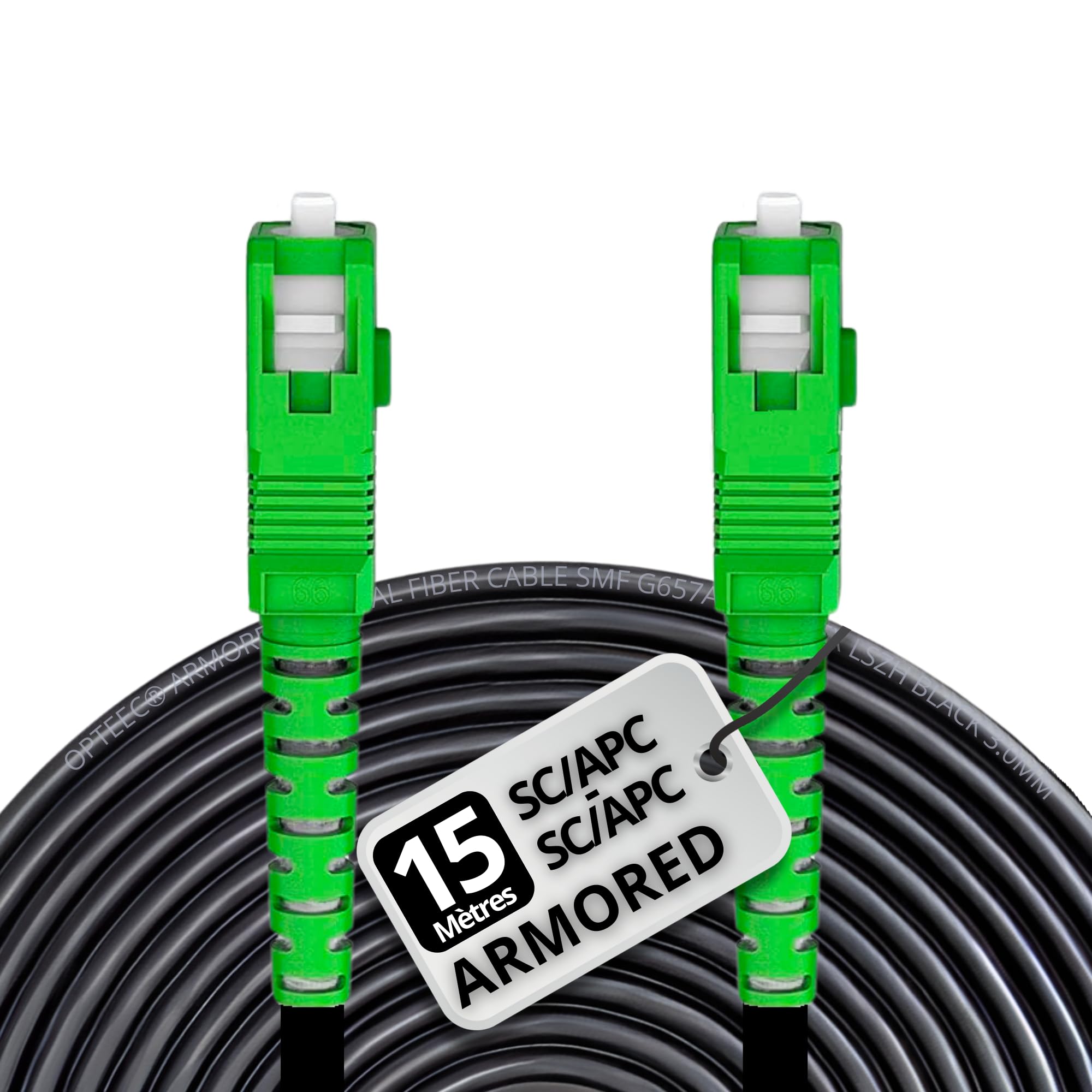 Câble Fibre Optique en Acier Blindé - 15M - ORANGE/SFR/BOUYGUES/SOSH/RED by SFR - Rallonge/Jarretière - SC/APC à SC/APC Renforcé - Simplex Monomode - Garantie 10 Ans (Armored, Noir, 15M)