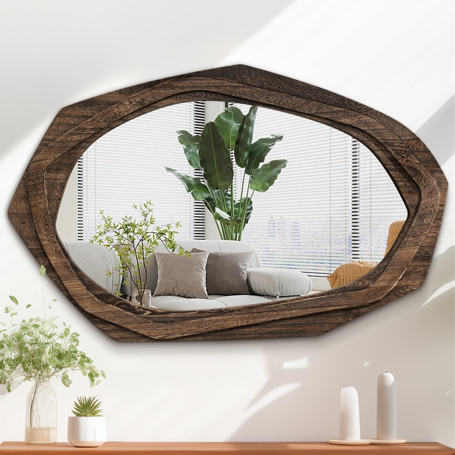 Aazzkang Retro Brown Asymmetrical Wall Mounted Mirror Large With Retro Wood Framed Irregular Hanging Mirrors For Bathroom Bedroom Living Room Entryway 70L X 45W Cm